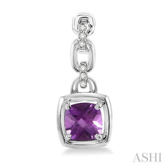6x6 MM Cushion Checker Amethyst and 1/10 Ctw Round Cut Diamond Earrings in Sterling Silver