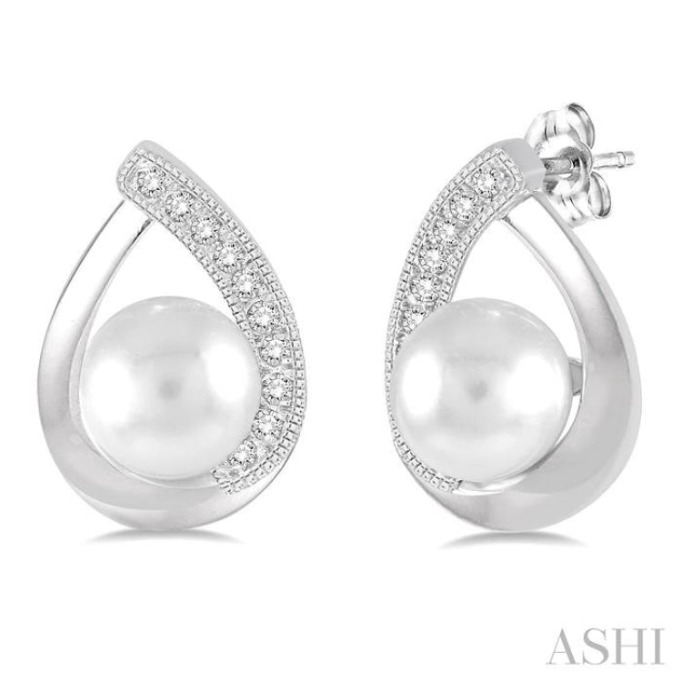 6x6 MM Cultured Pearls and 1/10 Ctw Round Cut Diamond Earrings in Sterling Silver