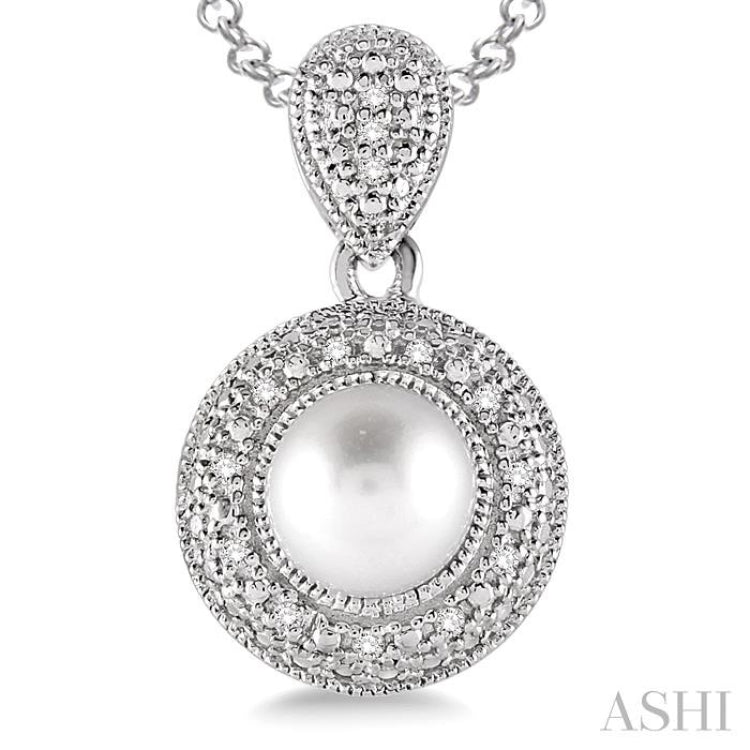 6.5x6.5 MM Cultured Pearl and 1/20 Ctw Round Cut Diamond Pendant in Sterling Silver with Chain
