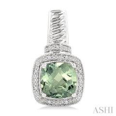 8x8 MM Cushion Shape Green Amethyst and 1/20 Ctw Round Cut Diamond Earrings in Sterling Silver