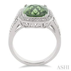 10x10 MM Cushion Shape Green Amethyst and 1/20 Ctw Round Cut Diamond Ring in Sterling Silver
