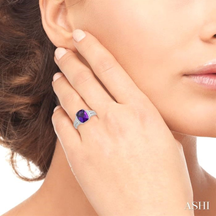 10x8 MM Cushion Shape Amethyst and 1/20 Ctw Round Cut Diamond Semi-Precious Ring in Sterling Silver
