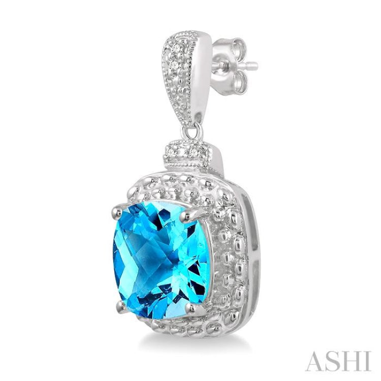 8x8 MM Cushion Shape Blue Topaz and 1/50 Ctw Round Cut Diamond Semi-Precious Earring in Sterling Silver