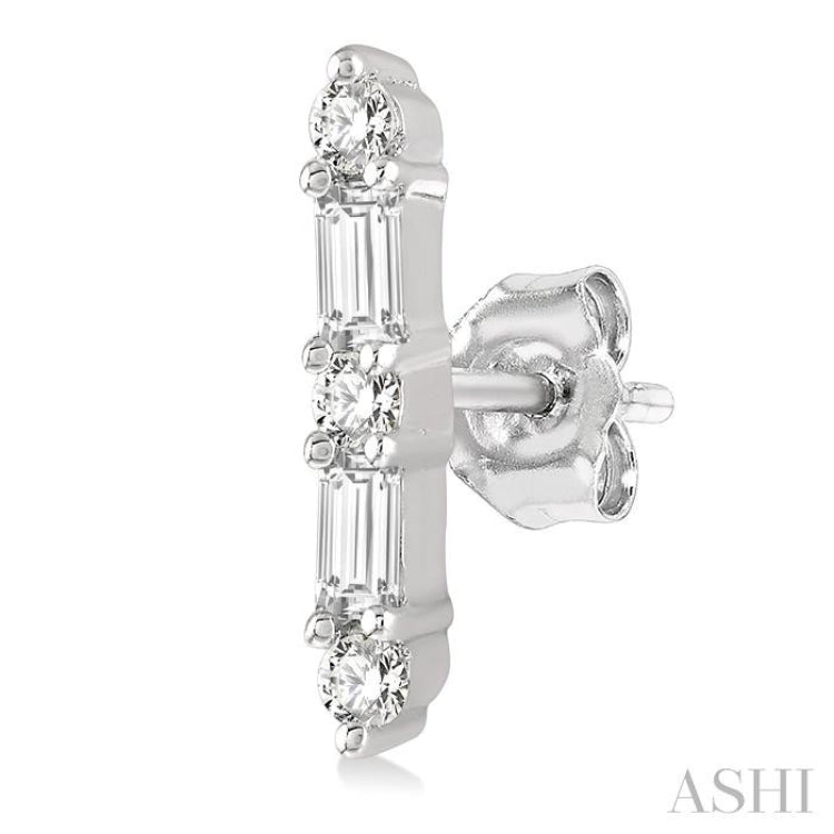 1/6 Ctw Solid Bar Baguette and Round Cut Diamond Petite Earrings in 10K White Gold