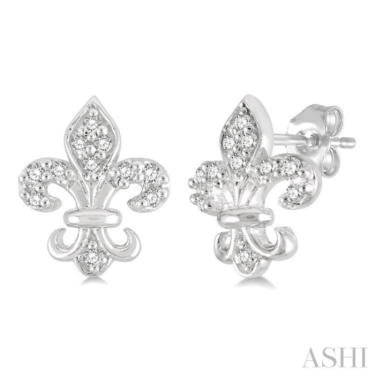 1/20 Ctw Fleur De Lis Round Cut Diamond Petite Earrings in 10K White Gold