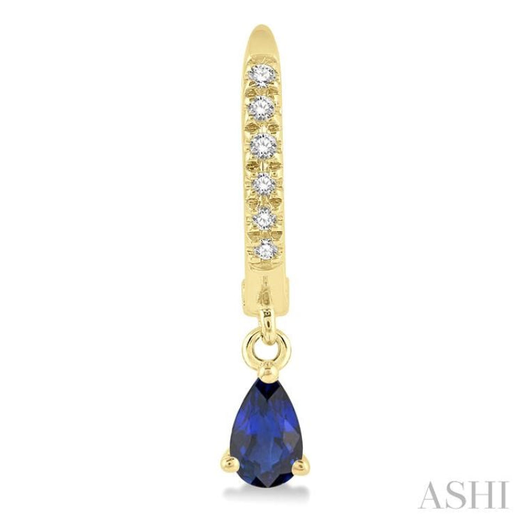 5x3 MM Pear Cut Sapphire and 1/8 Ctw Round Cut Diamond Petite Fashion Huggie Earrings in 10K Yellow Gold