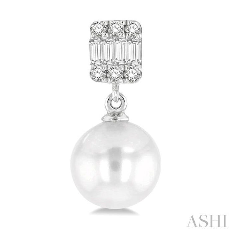 6 MM Cultured Pearls and 1/10 Ctw Baguette and Round Cut Diamond Earrings in 14K White Gold