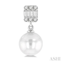 6 MM Cultured Pearls and 1/10 Ctw Baguette and Round Cut Diamond Earrings in 14K White Gold