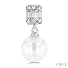 6 MM Cultured Pearls and 1/10 Ctw Baguette and Round Cut Diamond Earrings in 10K White Gold