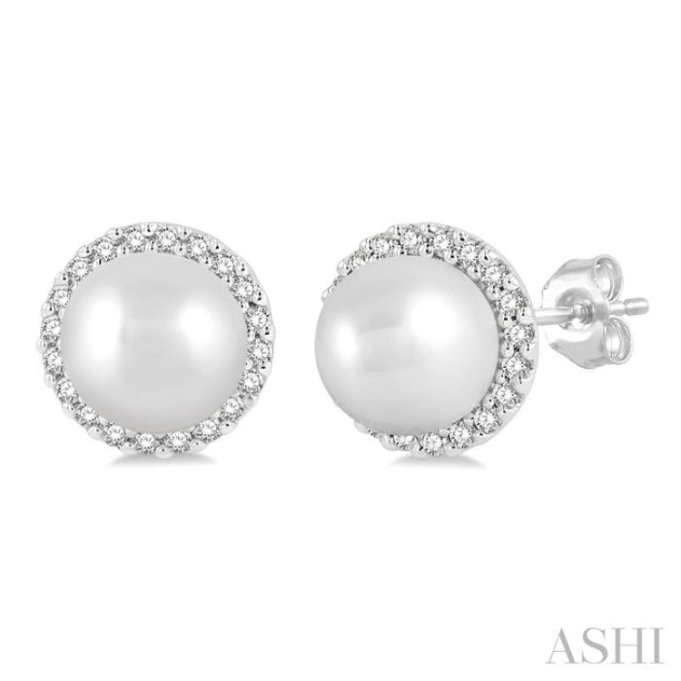 5.5 MM Round Shape Cultured Pearls and 1/8 Ctw Petite Round Cut Diamond Halo Fashion Stud Earrings in 10K White Gold