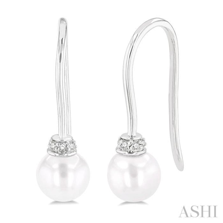 5.5 MM Round Shape Cultured Pearls and 1/20 Ctw Round Cut Diamond Petite Fashion Earrings in 10K White Gold