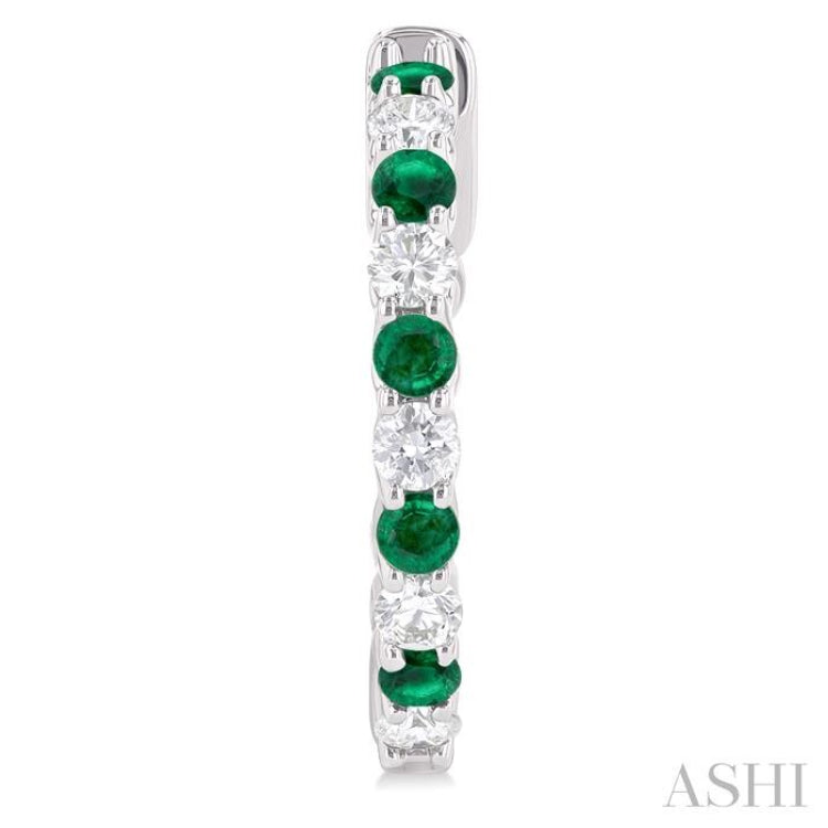 2.4 MM Round Shape Emerald and 5/8 Ctw Round Cut Diamond Precious Hoop Earrings in 14K White Gold