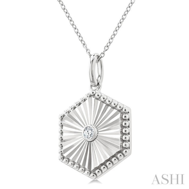 1/20 Ctw Hexagon fluted medallion Round Cut Diamond Pirouette Pendant With Chain in Sterling Silver