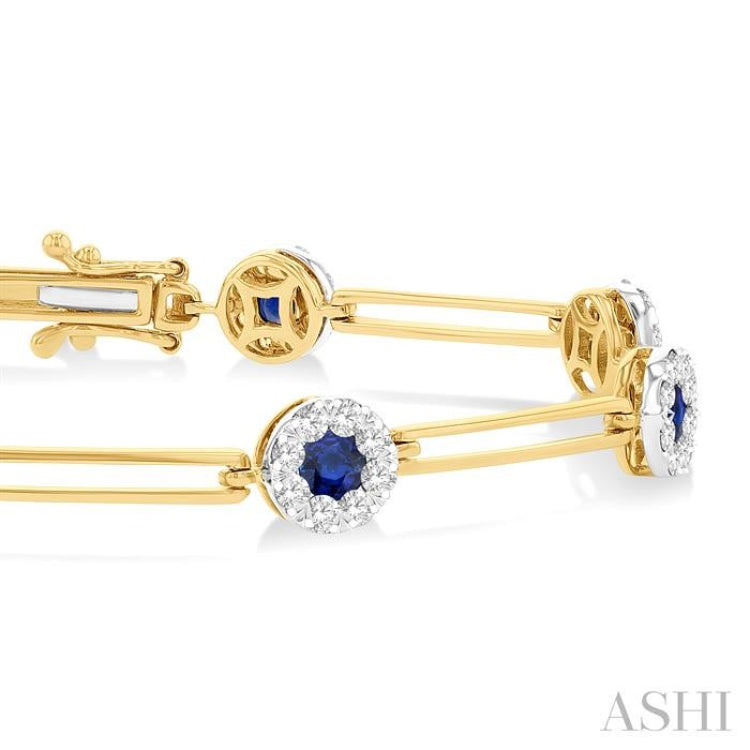 3 MM Sapphire and 1 1/5 Ctw Round Cut Diamond Paperclip Lovebright Precious Bracelet in 14K Yellow and White Gold