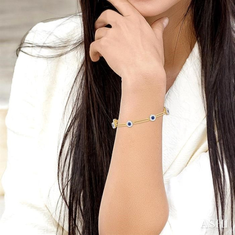 3 MM Sapphire and 1 1/5 Ctw Round Cut Diamond Paperclip Lovebright Precious Bracelet in 14K Yellow and White Gold