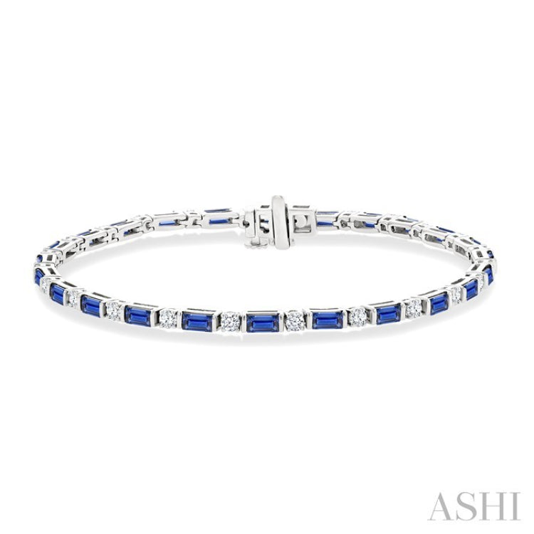 4X2 MM Baguette Cut Sapphire and 1 1/10 Ctw Art Deco Round Cut Diamond Precious Bracelet in 14K White Gold