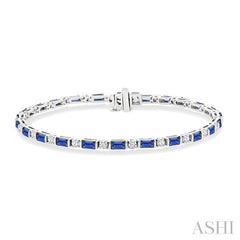 4X2 MM Baguette Cut Sapphire and 1 1/10 Ctw Art Deco Round Cut Diamond Precious Bracelet in 14K White Gold