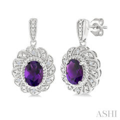 7X5 MM Oval Cut Amethyst and 1/20 Ctw Round Cut Diamond Semi-Precious Earrings in Sterling Silver