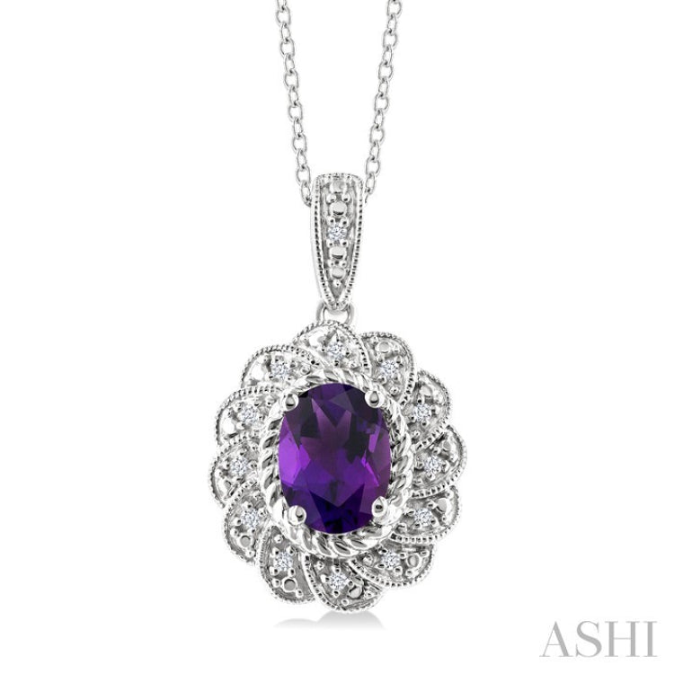 8X6 MM Oval Cut Amethyst and 1/20 Ctw Round Cut Diamond Semi-Precious Pendant With Chain in Sterling Silver