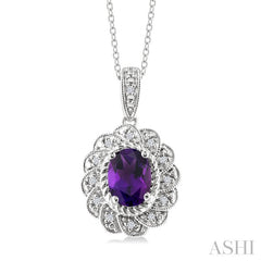8X6 MM Oval Cut Amethyst and 1/20 Ctw Round Cut Diamond Semi-Precious Pendant With Chain in Sterling Silver