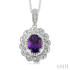 8X6 MM Oval Cut Amethyst and 1/20 Ctw Round Cut Diamond Semi-Precious Pendant With Chain in Sterling Silver