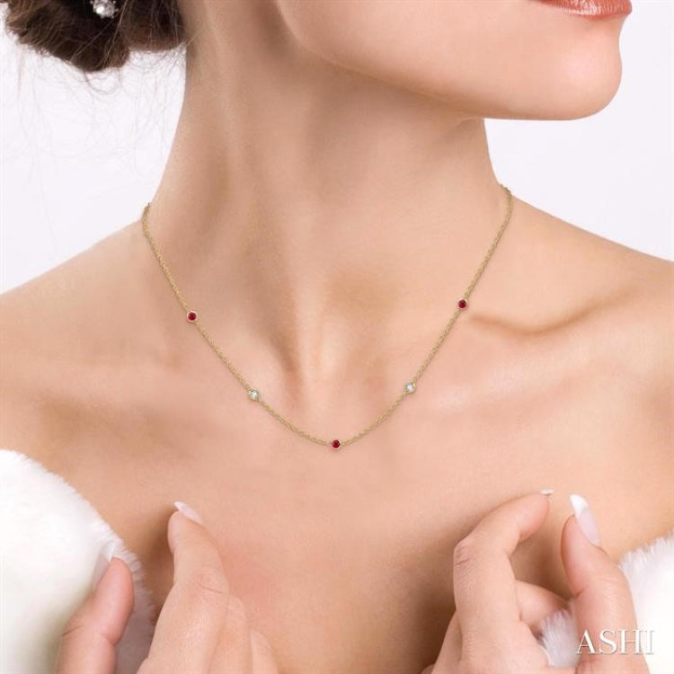 1.75 MM Ruby and 1/6 Ctw Round Cut Diamond Precious Station Necklace in 14K Yellow Gold