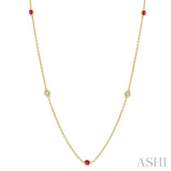 2.25 MM Ruby and 1/4 Ctw Round Cut Diamond Precious Station Necklace in 14K Yellow Gold