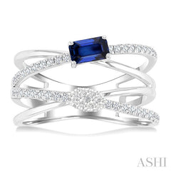 5x3 MM Emerald Shape Sapphire and 1/4 Ctw Round Cut Diamond Double Criss Cross Lovebright Precious Ring in 10K White Gold