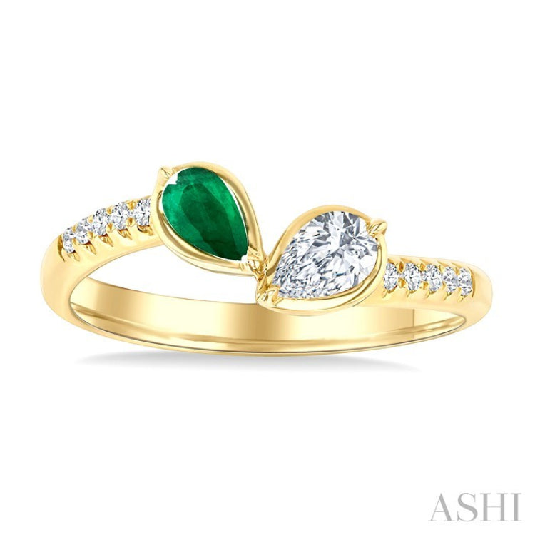 5x3 MM Pear Cut Emerald and 1/3 Ctw Pear & Round Cut Diamond Toi Et Moi Precious Fashion Ring in 14K Yellow Gold