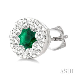 3.3 MM Emerald and 1/2 Ctw Round Cut Diamond Lovebright Precious Stud Earrings in 14K White Gold