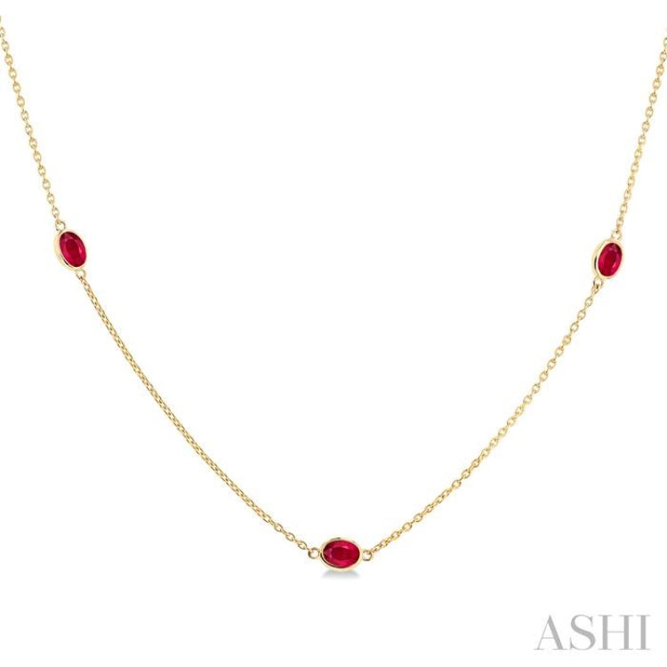 4x3 MM Oval Cut Ruby Precious Station Necklace in 14K Yellow Gold