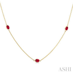 4x3 MM Oval Cut Ruby Precious Station Necklace in 14K Yellow Gold
