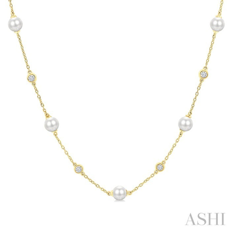 5 MM Round Shape Cultured Pearl and 1/4 Ctw Round Cut Diamond Station Necklace in 14K Yellow Gold