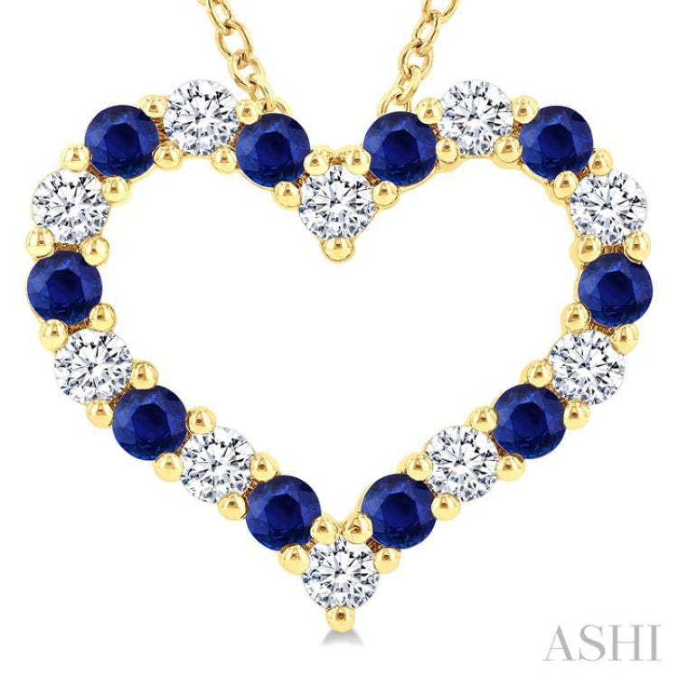 2.3 MM Round Cut Sapphire and 1/2 Ctw Open Heart Round Cut Diamond Precious Fashion Pendant With Chain in 14K Yellow Gold