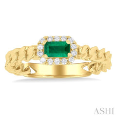 5x3 MM Oval Cut Emerald and 1/10 Ctw Curb & Cuban Link East-West Round Cut Diamond Halo Precious Ring in 10K Yellow Gold