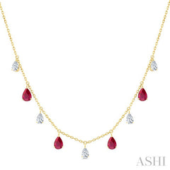 6X4 MM Pear Shape Ruby and 1 Ctw Pear Cut Diamond Precious Station Necklace in 14K Yellow Gold