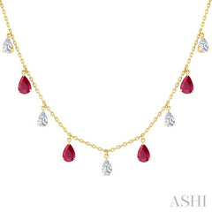 6X4 MM Pear Shape Ruby and 1 Ctw Pear Cut Diamond Precious Station Necklace in 14K Yellow Gold