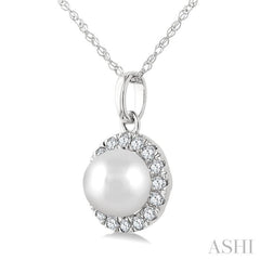 5 MM Cultured White Pearl and 1/20 Ctw Round Cut Diamond Halo Pendant With Chain in 10K White Gold