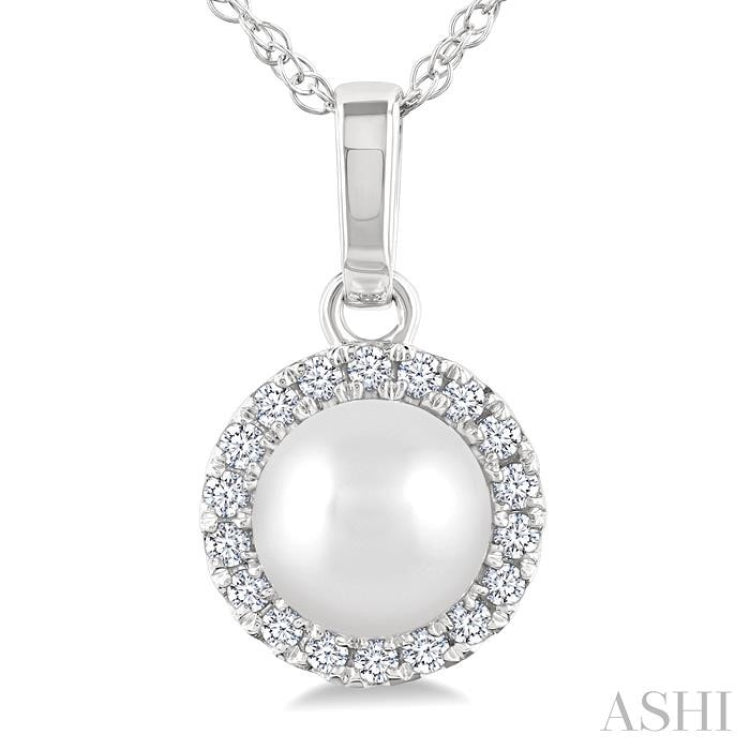 5 MM Cultured White Pearl and 1/20 Ctw Round Cut Diamond Halo Pendant With Chain in 10K White Gold