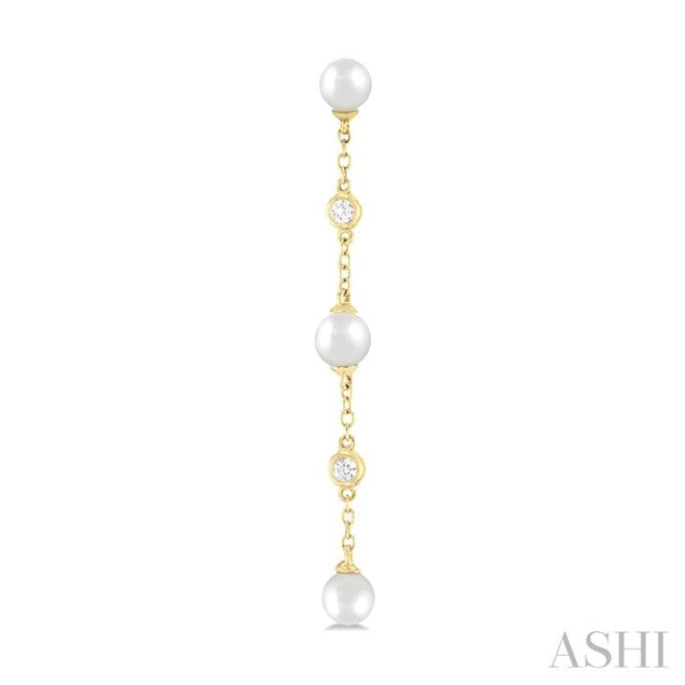 4 MM Round Shape Cultured Pearl and 1/20 Ctw Round Cut Diamond Station Long Earrings in 14K Yellow Gold