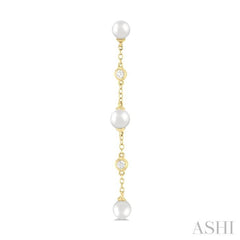 4 MM Round Shape Cultured Pearl and 1/20 Ctw Round Cut Diamond Station Long Earrings in 14K Yellow Gold