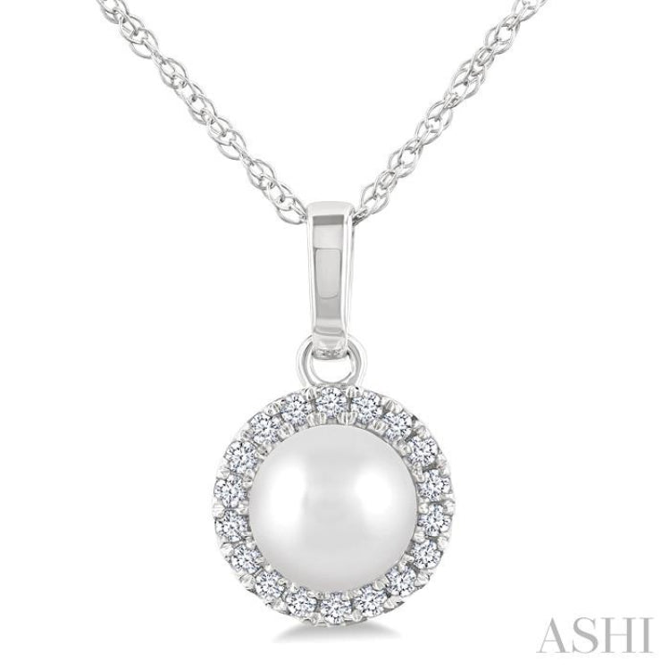 5 MM Cultured White Pearl and 1/20 Ctw Round Cut Diamond Halo Pendant With Chain in 14K White Gold