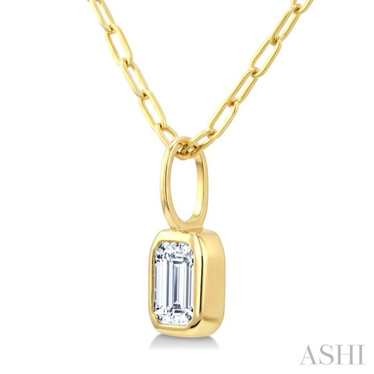 1/5 Ctw Emerald Cut Bezel Set Diamond Fashion Pendant With Paperclip Chain in 14K Yellow Gold