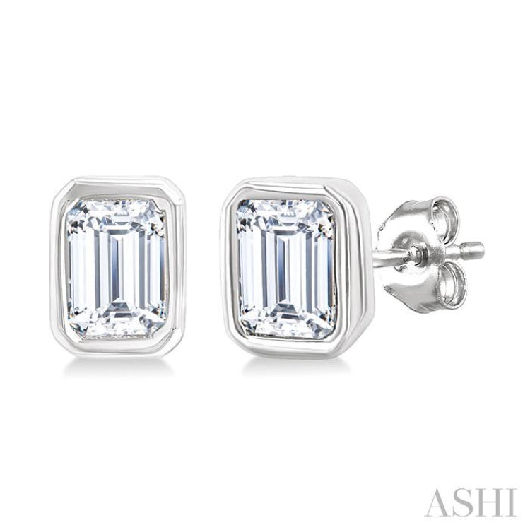 1/5 Ctw Petite Bezel Set Emerald Cut Diamond Fashion Stud Earrings in 10K White Gold