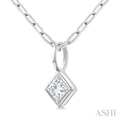1/5 Ctw Princess Cut Bezel Set Diamond Fashion Pendant with Paperclip Chain in 14K White Gold