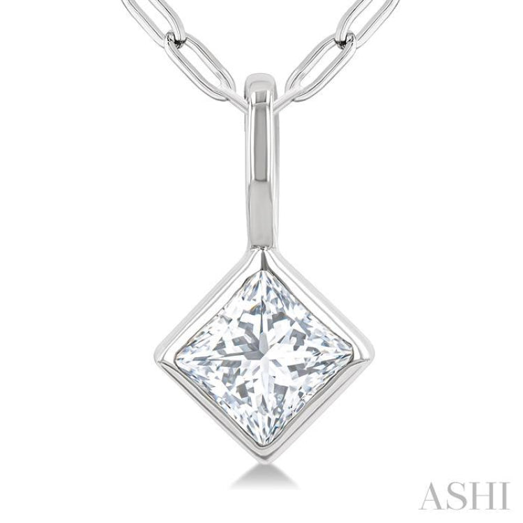 1/5 Ctw Princess Cut Bezel Set Diamond Fashion Pendant with Paperclip Chain in 14K White Gold