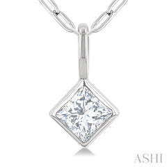 1/5 Ctw Princess Cut Bezel Set Diamond Fashion Pendant with Paperclip Chain in 14K White Gold