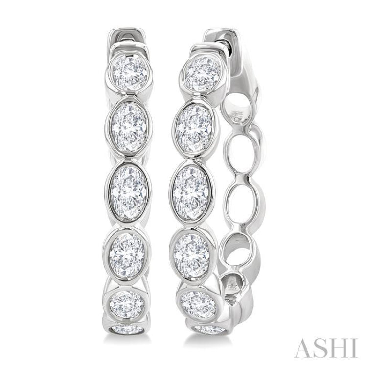 1 1/10 Ctw Bezel Set Oval Cut Diamond Fashion Hoop Earring in 14K White Gold