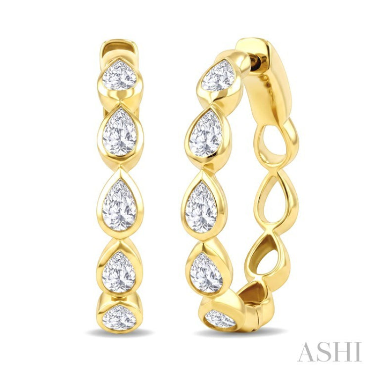 1 Ctw Bezel Set Pear Cut Diamond Fashion Hoop Earrings in 14K Yellow Gold