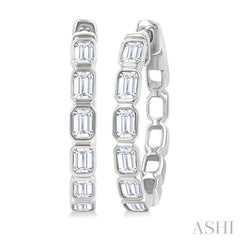 1 1/10 Ctw Bezel Set Emerald Cut Diamond Fashion Hoop Earring in 14K White Gold